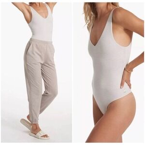 Vuori Halo Heathered Charcoal Grey V-Neck Thong Bodysuit Plunge Back Activewear